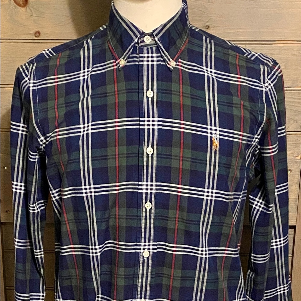 SOLD! Polo Ralph Lauren Men's Navy, Green, White & Red Plaid Button Down Med NWT